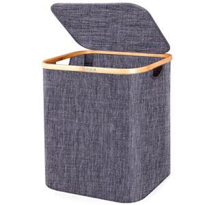 supdeja 60l laundry hamper with lid - small laundry basket with bamboo handles, dirty clothes hampers for laundry with lid, collapsible laundry baskets for clothes storage and bedroom