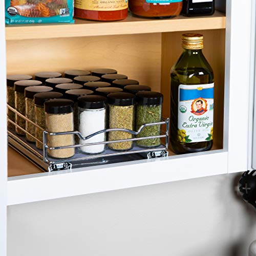 Pull Out Spice Rack Organizer for Cabinet, Heavy Duty-5 Year Limited Warranty, Chrome 8-3/8"Wx 10-3/8"D x 2-1/8 H Slide Out for Upper Kitchen Cabinets and Pantry, Fits Spices, Sauces, Canned Food etc.