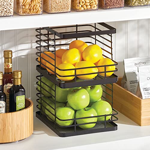 mDesign Stacking Wire Baskets Food Organizer Storage Metal Basket with Open Front for Kitchen Cabinet, Pantry, Cupboard, and Shelves - Organize Fruits, Snacks, and Vegetables - 2 Pack - Matte Black