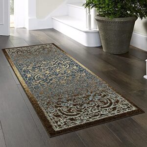 Maples Rugs Pelham Vintage Runner Rug Non Slip Hallway Entry Carpet [Made in USA], 2 x 6, Blue/Walnut