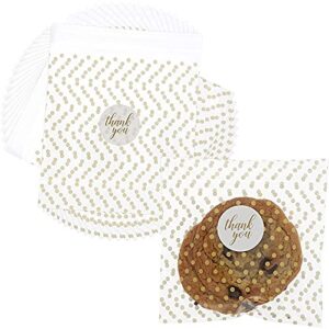 250-pack 4x6-inch clear cellophane cookie bags with gold foil polka dots and 1.5-inch white round "thank you" stickers with gold foil cursive font, plastic treat bags with sealable flap