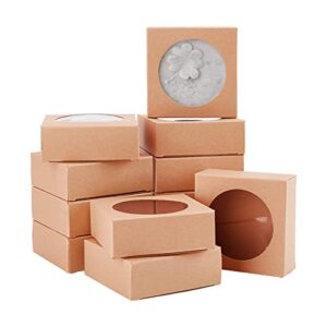 benecreat 24 packs brown kraft square paper boxes gift wrapping box with round clear window 3x3x1.2 for homemade soap, wedding party favor, festival gift packaging