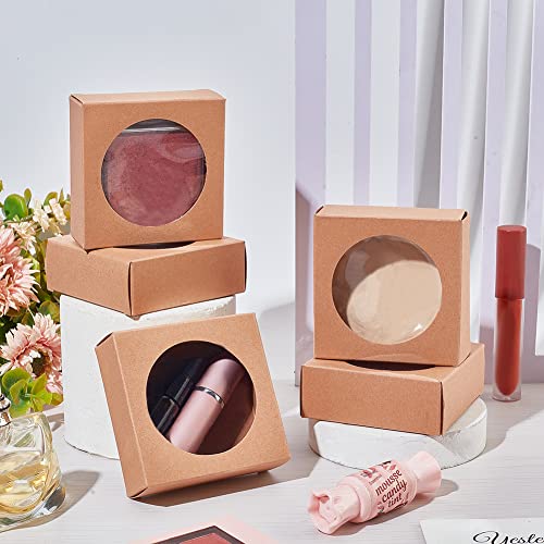 BENECREAT 24 Packs Brown Kraft Square Paper Boxes Gift Wrapping Box with Round Clear Window 3x3x1.2 for Homemade Soap, Wedding Party Favor, Festival Gift Packaging