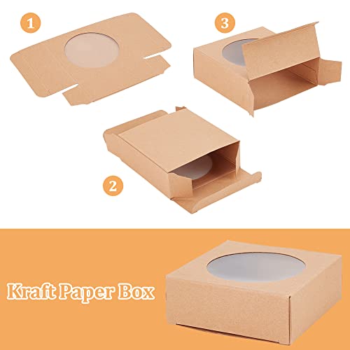 BENECREAT 24 Packs Brown Kraft Square Paper Boxes Gift Wrapping Box with Round Clear Window 3x3x1.2 for Homemade Soap, Wedding Party Favor, Festival Gift Packaging