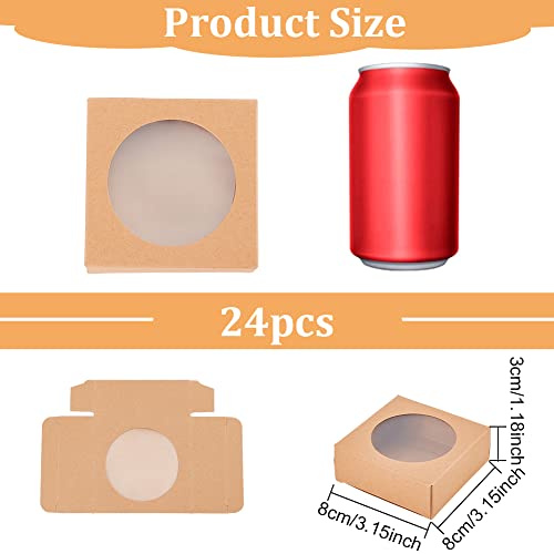 BENECREAT 24 Packs Brown Kraft Square Paper Boxes Gift Wrapping Box with Round Clear Window 3x3x1.2 for Homemade Soap, Wedding Party Favor, Festival Gift Packaging