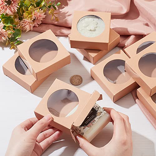 BENECREAT 24 Packs Brown Kraft Square Paper Boxes Gift Wrapping Box with Round Clear Window 3x3x1.2 for Homemade Soap, Wedding Party Favor, Festival Gift Packaging