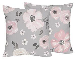 sweet jojo designs grey watercolor floral decorative accent throw pillows - set of 2 - blush pink gray and white shabby chic rose flower farmhouse