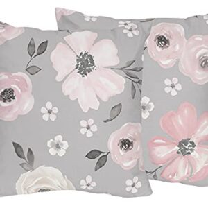 Sweet Jojo Designs Grey Watercolor Floral Decorative Accent Throw Pillows - Set of 2 - Blush Pink Gray and White Shabby Chic Rose Flower Farmhouse