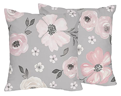 Sweet Jojo Designs Grey Watercolor Floral Decorative Accent Throw Pillows - Set of 2 - Blush Pink Gray and White Shabby Chic Rose Flower Farmhouse