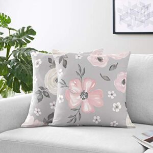Sweet Jojo Designs Grey Watercolor Floral Decorative Accent Throw Pillows - Set of 2 - Blush Pink Gray and White Shabby Chic Rose Flower Farmhouse