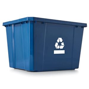 gracious living medium sized plastic curbside 17 gallon home or office recycling bin container with built-in carrying handles, blue