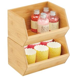 mdesign bamboo stackable food storage organization bin basket - wide open front for kitchen cabinets, pantry, offices, closets, holds snacks, dry goods, packets, spices, teas - 2 pack - natural wood