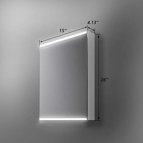 ExBrite 15''x 26''LED Lighted Bathroom Medicine Cabinet with Mirror, Surface Lighted Medicine Cabinet,Dimmable,Adjustable Shelves,Intelligent Switch Medicine Cabinet, Aluminum Frame, 120°Soft Hinge