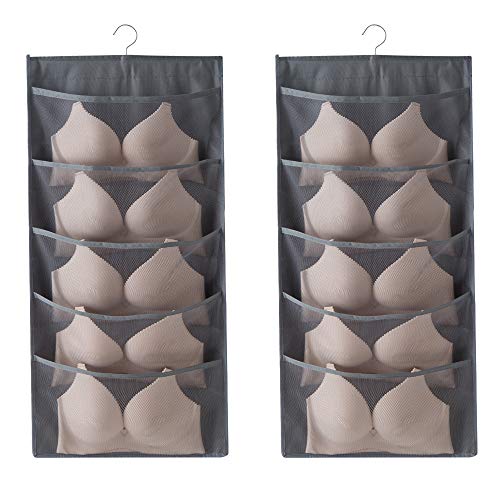 Enlarged Closet Hanging Bra Organizer with Rotating Metal Hanger, Extra-Large Dual Sided Wall Shelf Wardrobe Mesh Pockets Hanging Storage Bag for Bra Socks Underwear Underpants