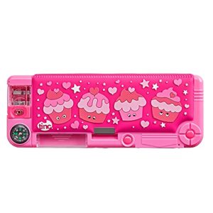 tinc mallo character pop out pencil case pink | pop out compartment with push button | includes pencil with eraser topper, ballpoint pen & 15cm ruler | 3 compartments | for school