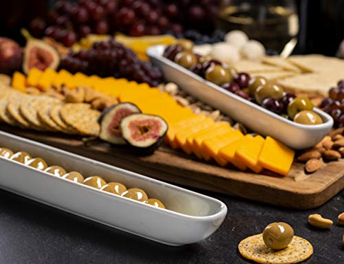 Kook Olive Boat Tray, Ceramic Serving Dish, Narrow Canoe for Charcuterie Board, Cheeses and Appetizers, Dishwasher Safe, 12”, Set of 2, White