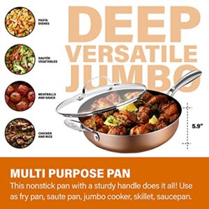 Gotham Steel Sauté Pan with Lid – 5.5 Quart Multipurpose Nonstick Jumbo Cooker with Glass Lid, Stainless Steel Handle & Helper Handle, Oven & Dishwasher Safe, 100% PFOA FREE
