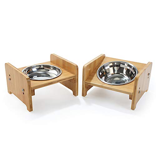 FOREYY Set of 2 Raised Pet Bowls for Cats and Small Dogs - Bamboo Tilted Single Elevated Dog Cat Food and Water Bowls Stand Feeder with 3 Stainless Steel Bowls and Anti Slip Feet for Comfort Feeding