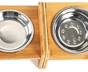 FOREYY Set of 2 Raised Pet Bowls for Cats and Small Dogs - Bamboo Tilted Single Elevated Dog Cat Food and Water Bowls Stand Feeder with 3 Stainless Steel Bowls and Anti Slip Feet for Comfort Feeding