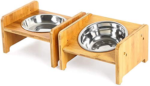 FOREYY Set of 2 Raised Pet Bowls for Cats and Small Dogs - Bamboo Tilted Single Elevated Dog Cat Food and Water Bowls Stand Feeder with 3 Stainless Steel Bowls and Anti Slip Feet for Comfort Feeding