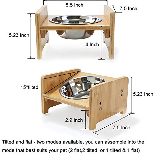 FOREYY Set of 2 Raised Pet Bowls for Cats and Small Dogs - Bamboo Tilted Single Elevated Dog Cat Food and Water Bowls Stand Feeder with 3 Stainless Steel Bowls and Anti Slip Feet for Comfort Feeding