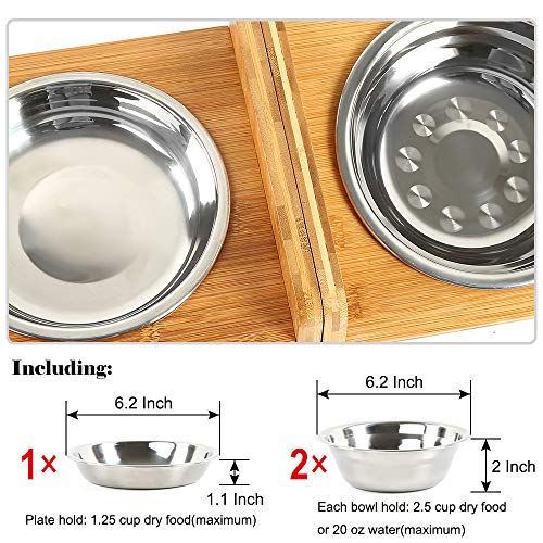 FOREYY Set of 2 Raised Pet Bowls for Cats and Small Dogs - Bamboo Tilted Single Elevated Dog Cat Food and Water Bowls Stand Feeder with 3 Stainless Steel Bowls and Anti Slip Feet for Comfort Feeding