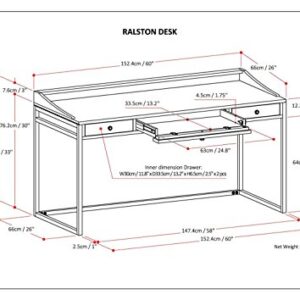 SIMPLIHOME Ralston SOLID WOOD and Metal Modern Inrial 60 inch Wide Home Office Desk, Writing Table, Workstation, Study Table Furniture in Distressed Grey with 2 Drawerss