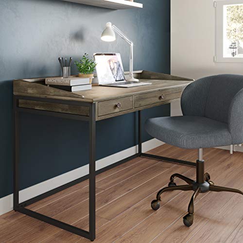 SIMPLIHOME Ralston SOLID WOOD and Metal Modern Inrial 60 inch Wide Home Office Desk, Writing Table, Workstation, Study Table Furniture in Distressed Grey with 2 Drawerss