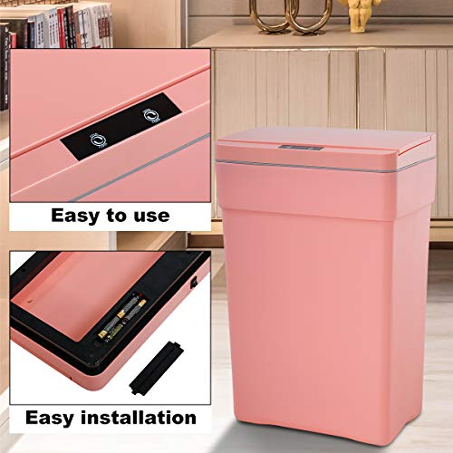 Pink 13 Gallon Touch Free Automatic Trash Can High Capacity Plastic Garbage Can Trash Bin with Lid for Kitchen Living Room Office Bathroom, 50L Electronic Touchless Motion Sensor Automatic Trash Can…