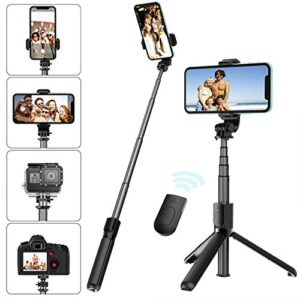 selfie stick tripod with removable wireless bluetooth remote shutter compatible,lightweight extendable aluminum pocket selfie stick for iphone 11/xr/x/8/8p/7/7p android phone，gopro,webcam and camera