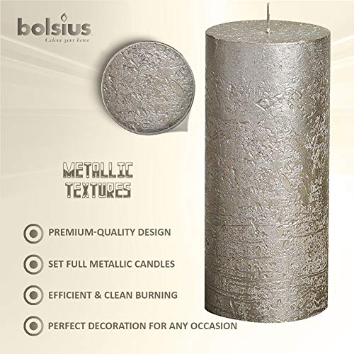 BOLSIUS Unscented Pillar Candles - Rustic Full Metallic Campagne Candle 2.75" X 7.5" - Decorative Candles Set of 3 - Clean Burning Candles for Wedding Home Decor Party Restaurant Spa- Aprox (190/68m)