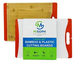 organic bamboo and plastic cutting boards for kitchen (2 piece set), featuring juice grooves, non-slip, grip on granite counter, double sided chopping board, bpa free, by pandpal