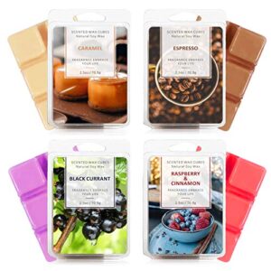 scentorini wax melts, wax cubes, soy scented wax melts for wax warmer mothers day decor, 4 scents of caramel, espresso, black currant, raspberry & cinnamon, 4 x 2.5 oz