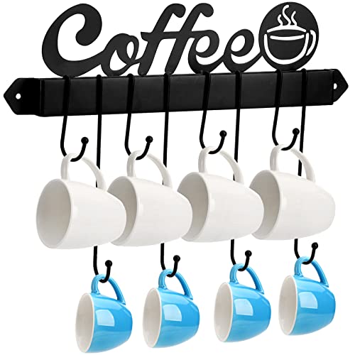 Suwimut Coffee Mug Wall Rack, Coffee Cup Holder Wall Mounted with 8 Adjustable Hooks and Metal Coffee Sign, Decorative Tea Cup Hanger Display for Coffee Bar, Kitchen, Counter, Office