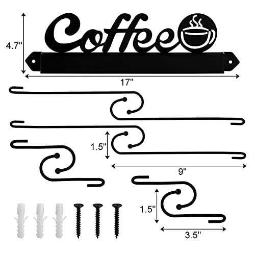 Suwimut Coffee Mug Wall Rack, Coffee Cup Holder Wall Mounted with 8 Adjustable Hooks and Metal Coffee Sign, Decorative Tea Cup Hanger Display for Coffee Bar, Kitchen, Counter, Office