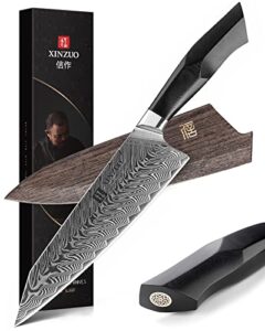 xinzuo damascus steel chef knife, 8.5 inch kiritsuke kitchen knife professional forged gyuto cooking knife, military grade g10 handle with magnetic sheath -feng series