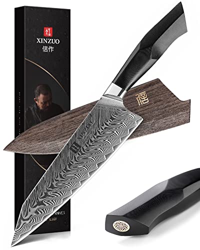 XINZUO Damascus Steel Chef Knife, 8.5 inch Kiritsuke Kitchen Knife Professional Forged Gyuto Cooking Knife, Military Grade G10 Handle with Magnetic Sheath -Feng Series