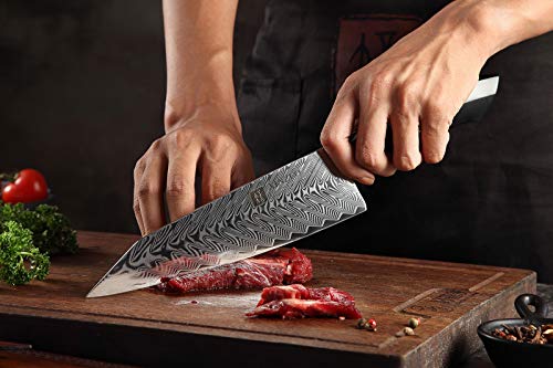 XINZUO Damascus Steel Chef Knife, 8.5 inch Kiritsuke Kitchen Knife Professional Forged Gyuto Cooking Knife, Military Grade G10 Handle with Magnetic Sheath -Feng Series