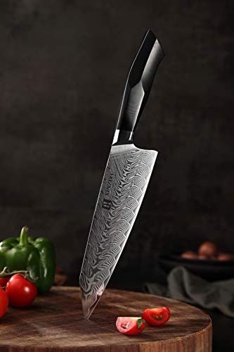 XINZUO Damascus Steel Chef Knife, 8.5 inch Kiritsuke Kitchen Knife Professional Forged Gyuto Cooking Knife, Military Grade G10 Handle with Magnetic Sheath -Feng Series