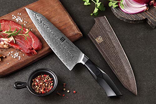 XINZUO Damascus Steel Chef Knife, 8.5 inch Kiritsuke Kitchen Knife Professional Forged Gyuto Cooking Knife, Military Grade G10 Handle with Magnetic Sheath -Feng Series