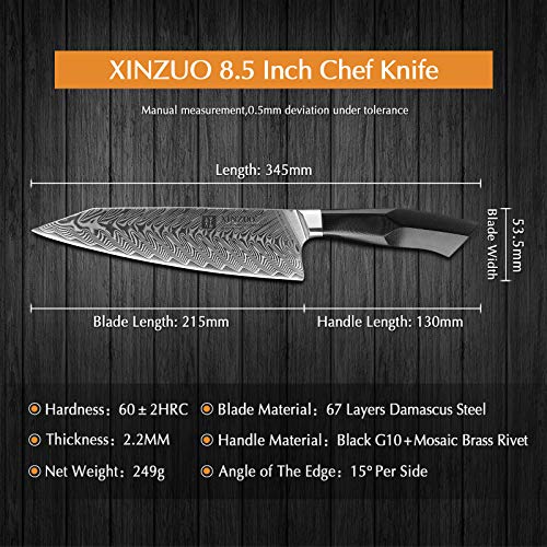 XINZUO Damascus Steel Chef Knife, 8.5 inch Kiritsuke Kitchen Knife Professional Forged Gyuto Cooking Knife, Military Grade G10 Handle with Magnetic Sheath -Feng Series