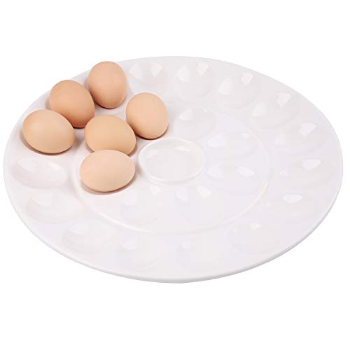 Foraineam 2 Pack 12.6 Inches Porcelain Deviled Egg Tray/Platter, White Egg Dish with 25 Compartments