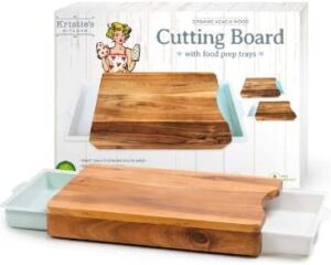 kristie's kitchen wood cutting board - sturdy chopping board with pull out trays for easy food prep, storage & clean up - small cutting board wood dimensions - 100% acacia cutting board for kitchen