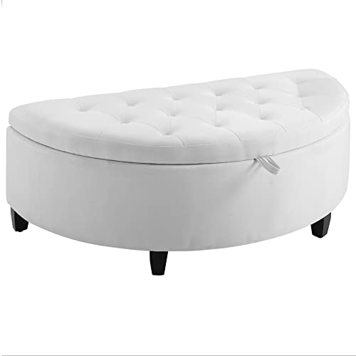 HOMCOM Half Moon Modern Luxurious Polyester Fabric Storage Ottoman Bench with Legs Lift Lid Thick Sponge Pad for Living Room, Entryway, or Bedroom, White