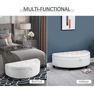 HOMCOM Half Moon Modern Luxurious Polyester Fabric Storage Ottoman Bench with Legs Lift Lid Thick Sponge Pad for Living Room, Entryway, or Bedroom, White