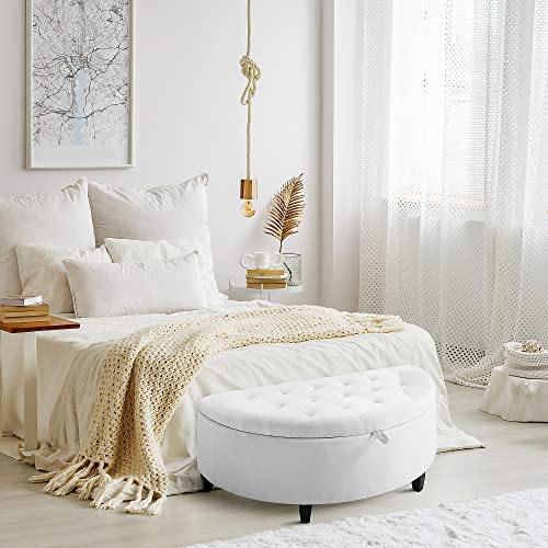 HOMCOM Half Moon Modern Luxurious Polyester Fabric Storage Ottoman Bench with Legs Lift Lid Thick Sponge Pad for Living Room, Entryway, or Bedroom, White