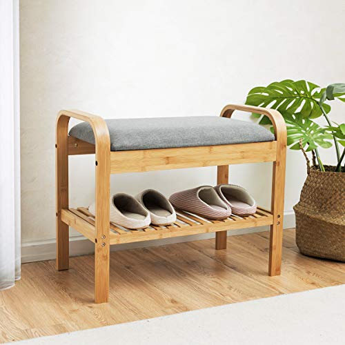 Giantex Shoe Rack Bench with Storage, Bamboo Storage Bench with Cushioned Seat, Padded Seat Shoe Bench with Storage Shelf, Shoe Organizer for Entryway, Hallway, Bedroom, Holds Up to 330 LBS