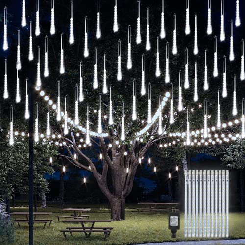 PGFUN Meteor Shower Rain Lights 24 Tubes 576 LEDs for Christmas Lights Halloween Party Holiday Garden Tree Thanksgiving Xmas Decoration (White)