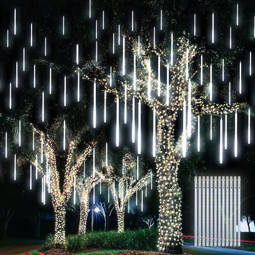 PGFUN Meteor Shower Rain Lights 24 Tubes 576 LEDs for Christmas Lights Halloween Party Holiday Garden Tree Thanksgiving Xmas Decoration (White)