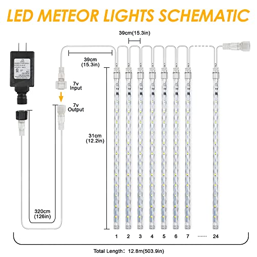 PGFUN Meteor Shower Rain Lights 24 Tubes 576 LEDs for Christmas Lights Halloween Party Holiday Garden Tree Thanksgiving Xmas Decoration (White)